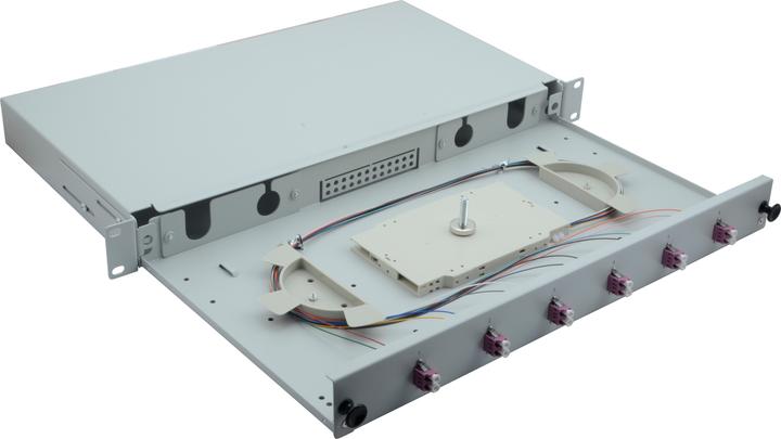 Produktbild Helos LWL 19" Spleissbox 6 x LCDuplex OM4, spleissfertig, grau