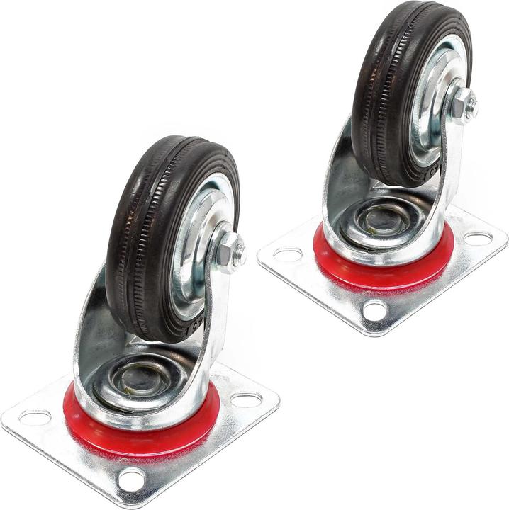 Image du produit Wiltec Kit 2x Roulettes pivotantes Caoutchouc plein 75 mm Jantes en métal Plaque de montage 50 kg par roue