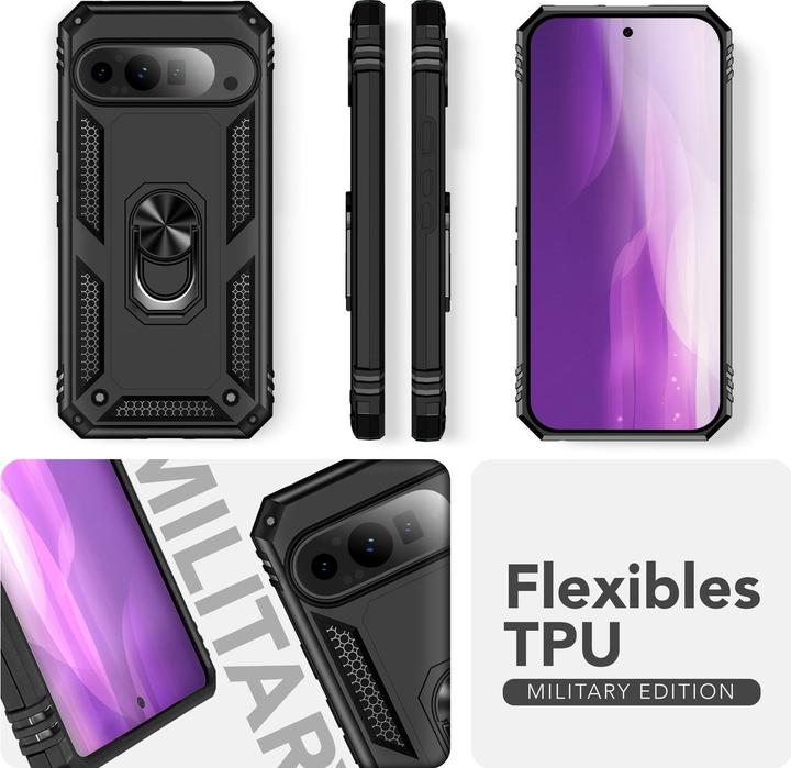Produktbild Nalia RingDefend - Schwarze Panzerhülle mit 360-Grad Finger-Halter & Ständer - Military Style Cover (Google Pixel 9 Pro Fold)
