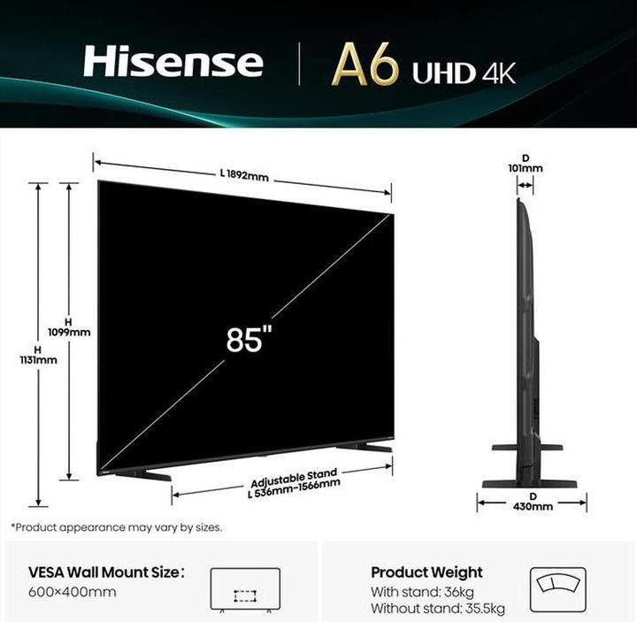 Immagine prodotto Hisense TV Smart Tv4K UHD, Schwarz, E (85", LED, 4K)