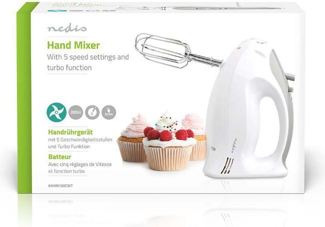 Productafbeelding Nedis Handmixer 200 W 5 snelheden Turbo functie 2 kloppers / 2 deeghaken Grijs/Wit (200 W)