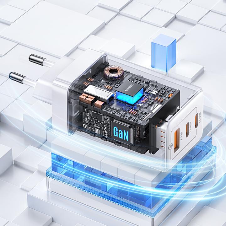Actual product image Usams Ład. siec. 2xUSB-C+1xUSB 65W (only head) GaN PD3.0 +QC3.0 Fast Charging biały/white Sandru Ser (65 W, 3 ports)