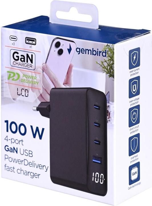 Actual product image Gembird CHARGER USB 100W 4PORT GAN/TA-UC-PDQC100LCD-01-BK (100 W, 4 ports)