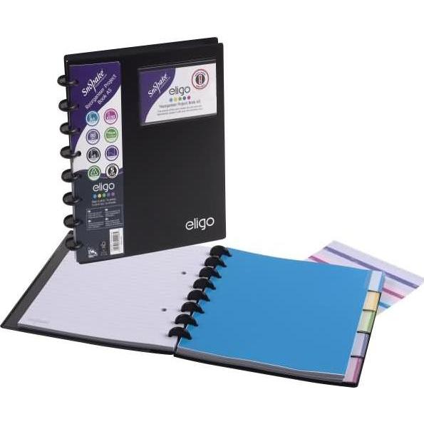 Snopake, Heft + Block, Projektbuch Eligo ReOrganiser A5 75 Blatt 80g/qm mit Register PP schwarz (A5, Liniert)