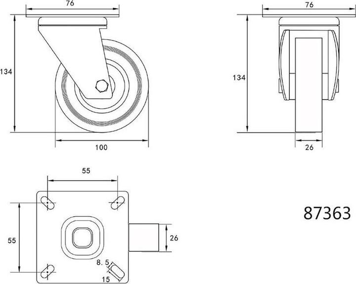 Productafbeelding Toya Zwenkwiel met grijs rubber 100 mm 87363