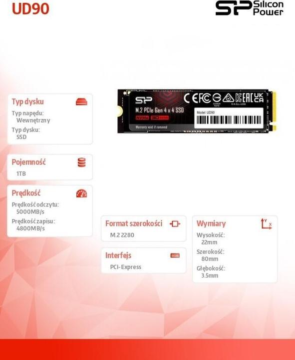 Produktbild Silicon Power M.2 2280 PCIe 1TB SSD UD90 Gen4x4 NVMe 4500/1950 MB/s (1000 GB, M.2 2280)