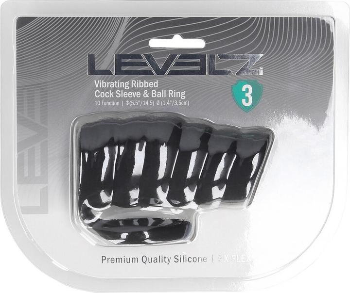 Actual product image Shots Vibrating Ribbed Silicone Cock Sleeve and Ball Ring - Black (4 cm)