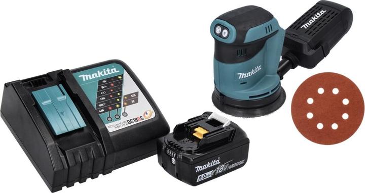 Productafbeelding Makita DBO 180 RT1 Accu vlakschuurmachine 18 V 125 mm + 1x accu 5.0 Ah + lader + 50x schuurpapier (Excentrische schuurmachine)
