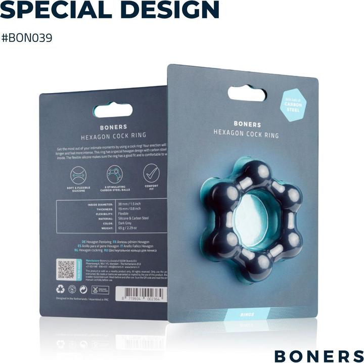 Actual product image Boners Hexagon penis ring with steel balls (3.80 cm)