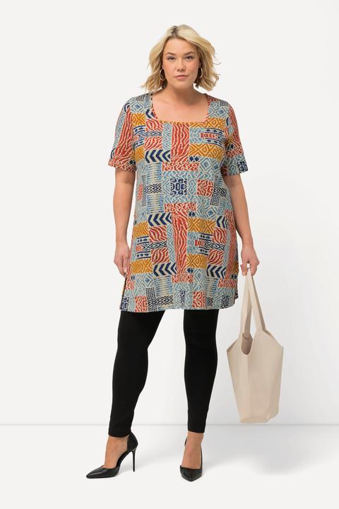Actual product image Ulla Popken Graphic Square Neck Short Sleeve A-line Knit Tunic (68)