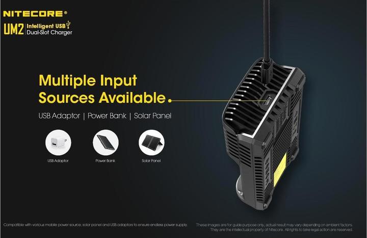 Actual product image Nitecore UM2 USB charger (1 pcs., 14500, 16340, 18650, 26650, Chargers without battery)