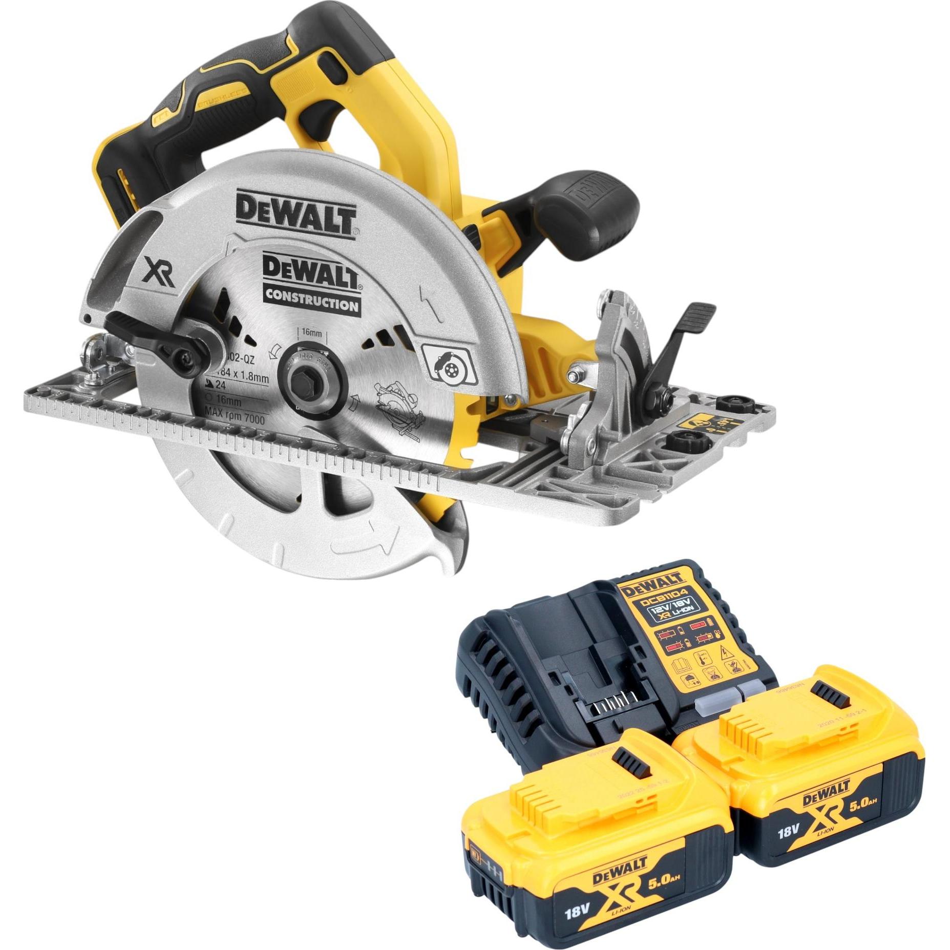 DeWalt, Sega circolare, DCS 572 P2 Sega circolare a batteria 18 V 184 mm brushless + 2x batteria 5,0 Ah +
