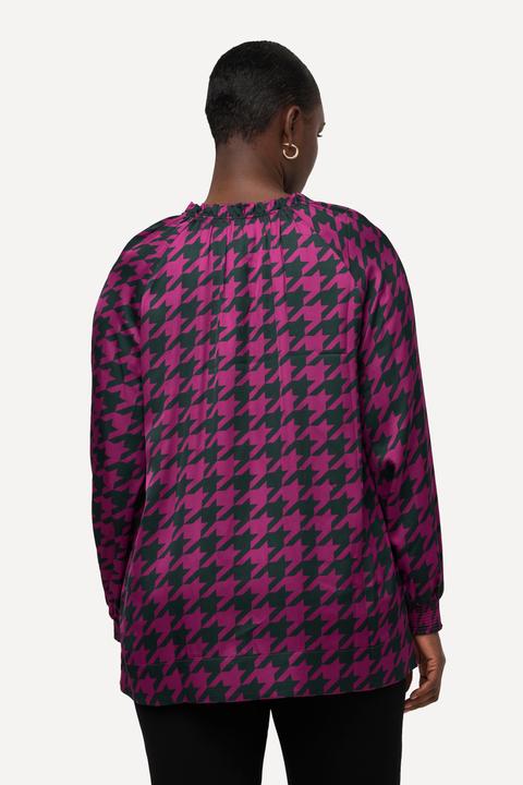 Produktbild Ulla Popken Satinbluse, Hahnentrittmuster, Boxy, Rundhals, Langarm (50, 52)