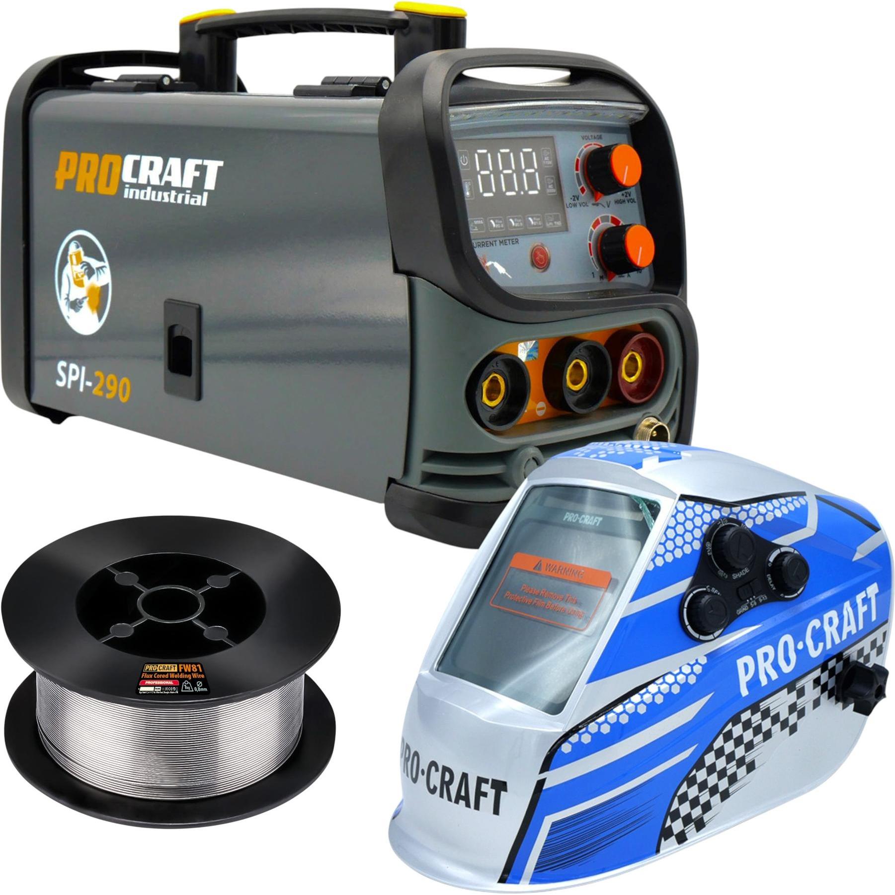 Procraft, Saldatrice, SPI-290 Kombi Inverter Schweissgerät 3,8 kW Co Flux MMA TIG Lift + Fülldraht + Schweisshelm