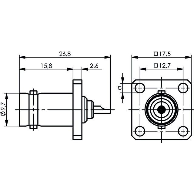 Thumbnail - Telegärtner BNC-Einbaubuchse mit Flansch 50 Ohm, Z05, a=Ø2.8, Elektronikkabel + Stecker, Gold