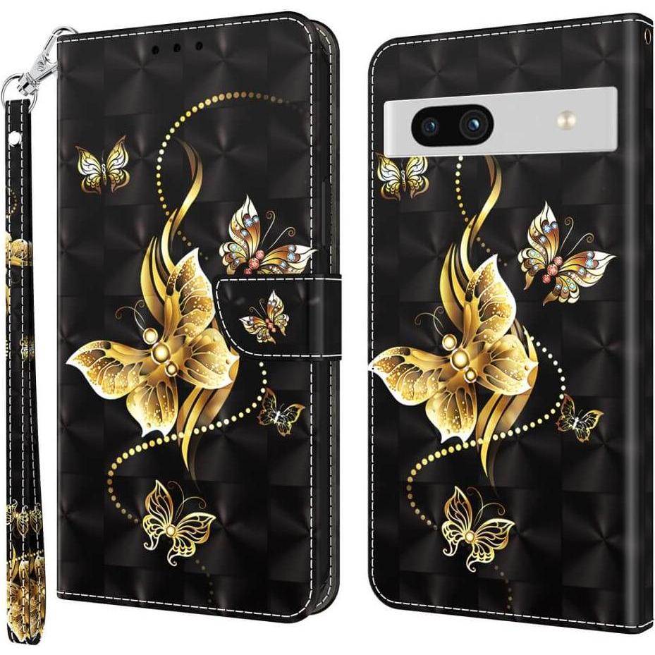 Cover-Discount Google Pixel 7a - Etui Glitzer Effekt Schmetterling gold (Google Pixel 7a), Smartphone Hülle, Gold