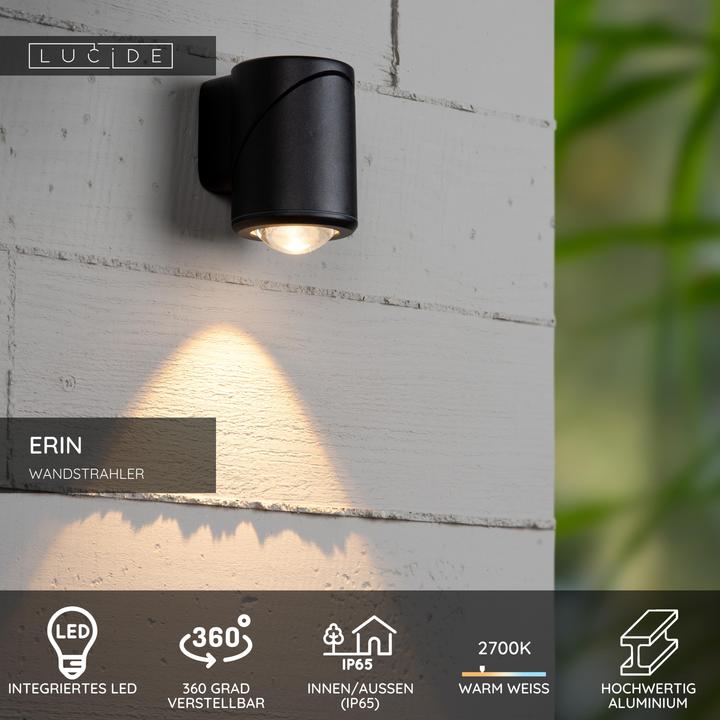 Produktbild Lucide ERIN LED Wandstrahler 5W IP65 Warmweiss Modern Schwarz 15820/05/30 (500 lm, IP65)