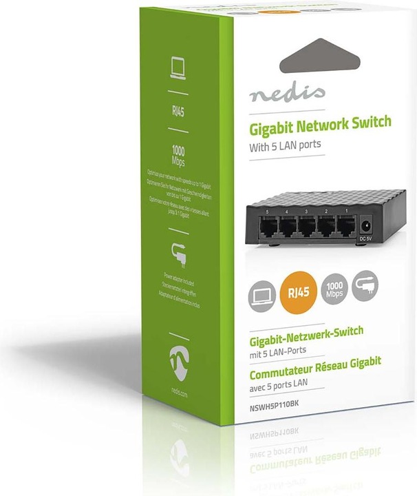 Produktbild Nedis Netzwerkschalter | Wired Geschwindigkeit: Gigabit | Anzahl Ethernet-Ports: 5 (5 Ports)