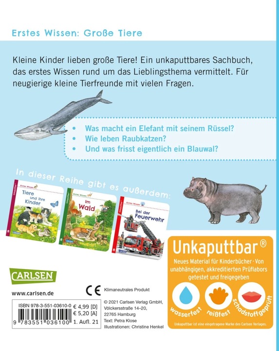 Immagine prodotto Unkaputtbar: Erstes Wissen: Grosse Tiere (Tedesco, Petra Klose, 2021)