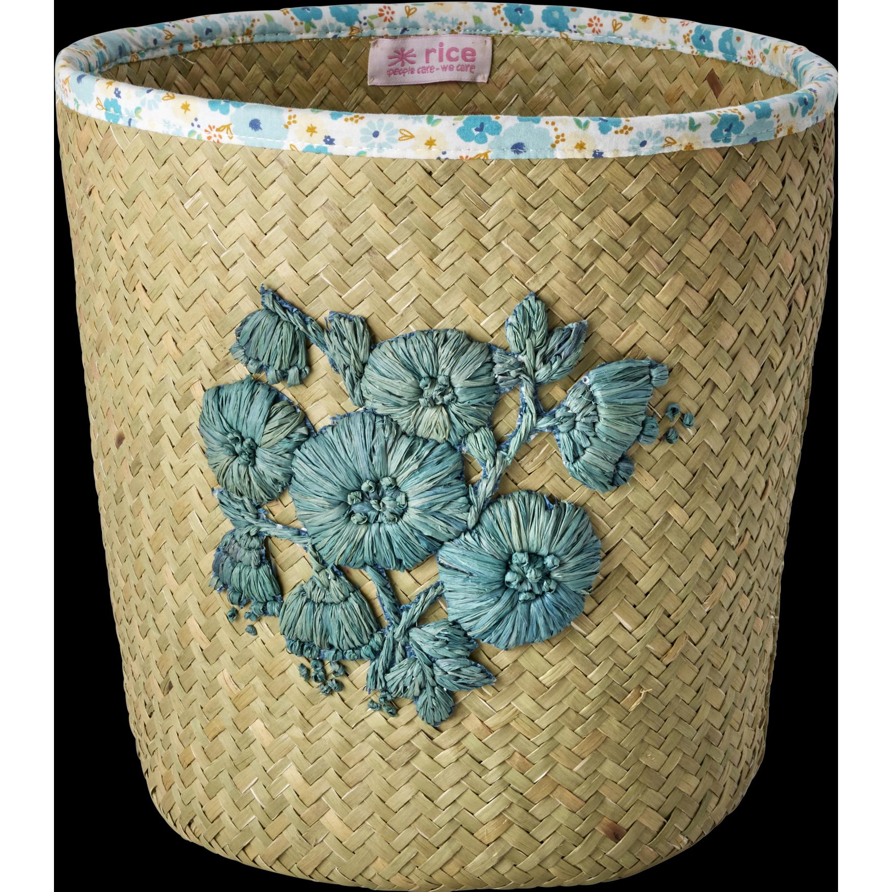 Rice, Spielzeugaufbewahrung, Raffia Basket with Blue Flower Embroidery and Flower Fabric Edge - Blue