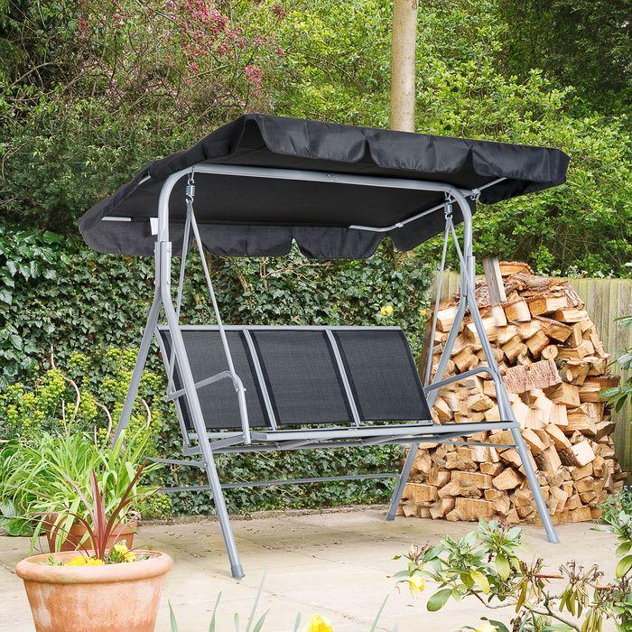 Immagine prodotto Swisshandel24 Hollywoodschaukel 3-Sitzer Gartenschaukel Schaukelbank mit Dach Metall Schwarz+Silber 171 x 108 x 15