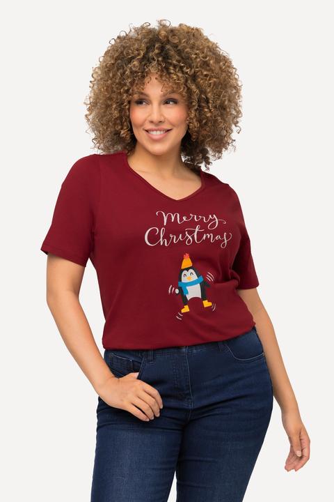 Immagine prodotto Ulla Popken Maglia natalizia dal taglio svasato con pinguino, scollo a V e mezze maniche (50, 52)