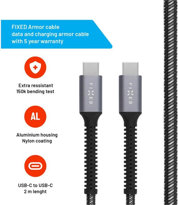 Actual product image Fixed | Armoured cable USB-C/USB-C 2 m 240W | FIXDA-CC2-GR (2 m, USB 2.0, 240 W)