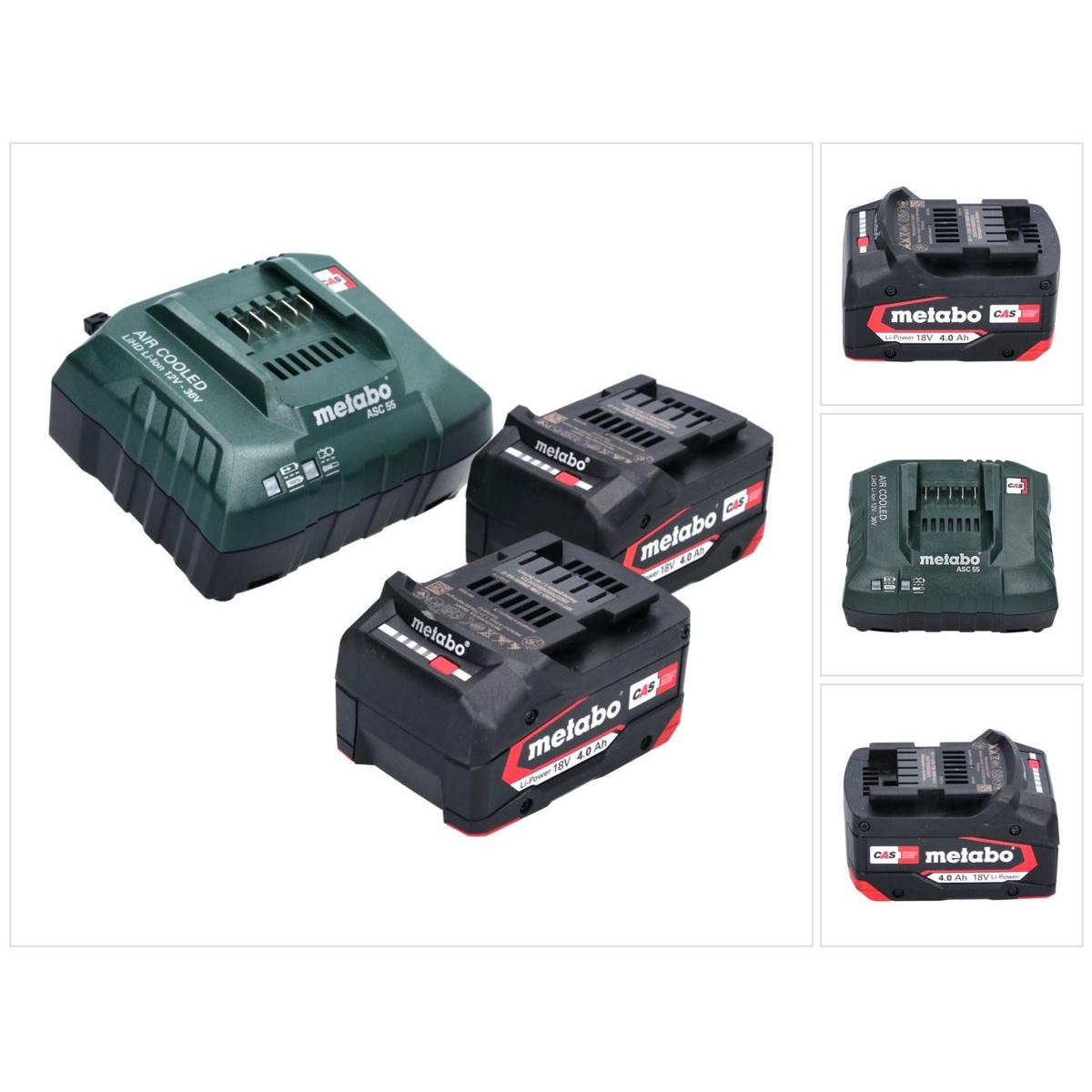 Metabo, Werkzeugakku + Ladegerät, Basis Set 2x Li-Power Akkupack 18 V 4,0 Ah CAS Li-Ion Akku ( 2x 625027000 ) + ASC 55 L...