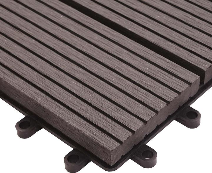 Produktbild Swisshandel24 WPC Bodenfliese Rhone + Abschluss, Holzoptik Balkon/Terrasse, 11x je 30x30cm = 1qm Premium anthraz (11 x, 30 x 30 cm)