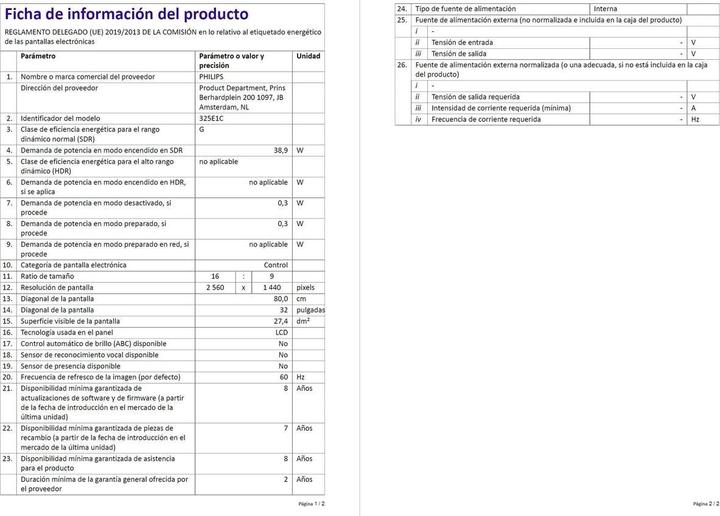 Nutritional values and ingredients Philips 325E1C/00 (2560 x 1440 pixels, 32")