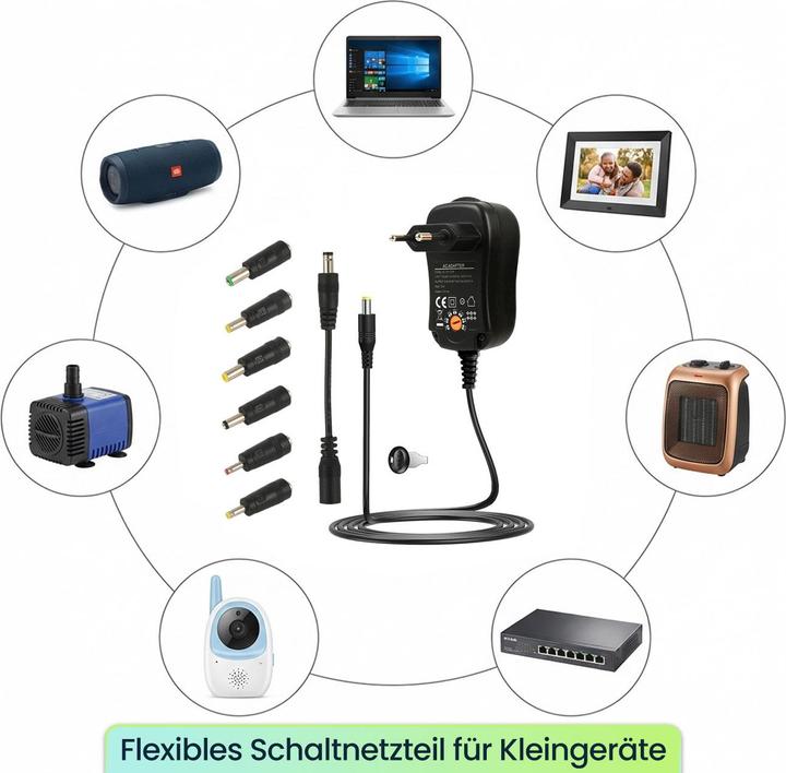 Produktbild Ideoon Universal Netzteil 3-12V 600mA 7,2W inkl. 6 Adapter, Pol-Wender & Schlüssel