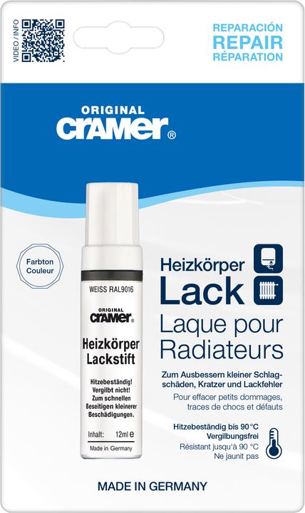 Image du produit Cramer Stylo de peinture pour radiateur 12 ml RAL9016 résistant à la chaleur jusqu'à 90 °C (Blanc Ral 9016, 0.01 l)