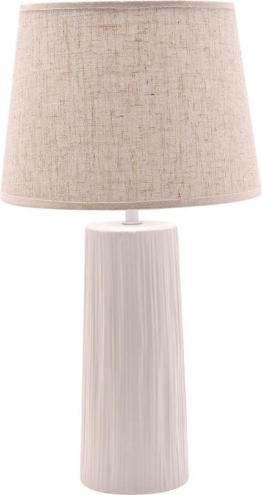 Hestia Weisse Keramik Tischlampe mit beigefarbenem Leinenschirm