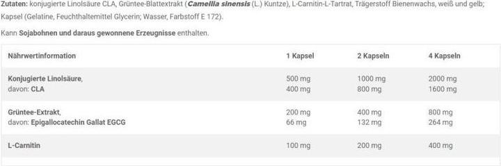 Valori nutrizionali e ingredienti Olimp Sport Nutrition CLA e Tè Verde più L-Carnitina Edizione Sportiva (60 Caps) (60 Pezzo/i, Pillole)