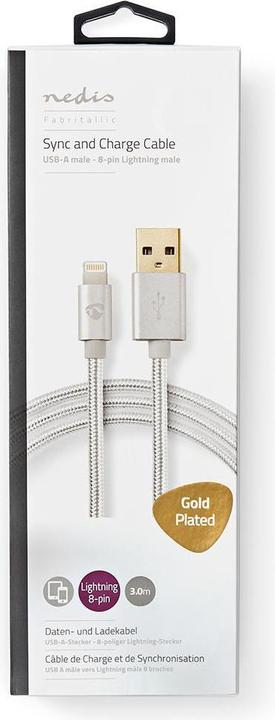Actual product image Nedis CCTB39300AL30. Colour of product: Aluminium, Connector 1: USB A, Connector 2: Lightning. Packaging (3 m, USB 2.0, 12 W)