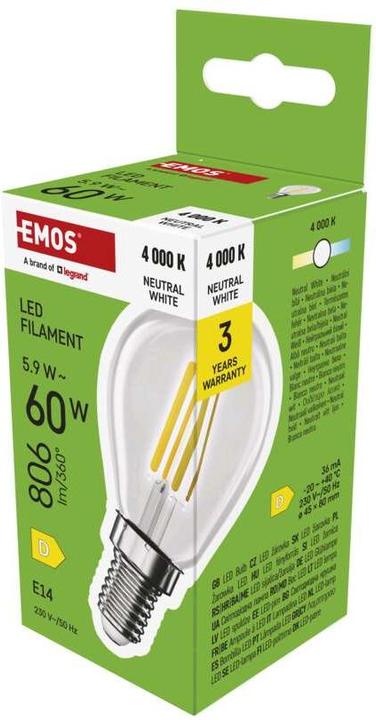 Produktbild Emos LED Lampe Filament Mini Globe / E14 / 5,9 W (60 W) / 806 lm / Neutral Weiss (E14, 806 lm, 1 x)