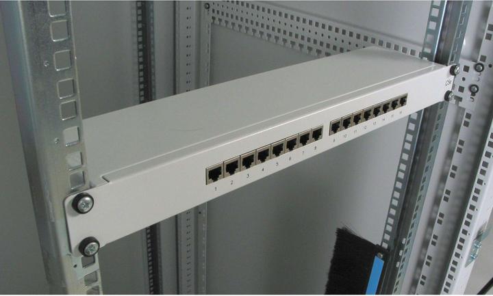 Actual product image equip 19" patch panel: 16 port, 1U, grey