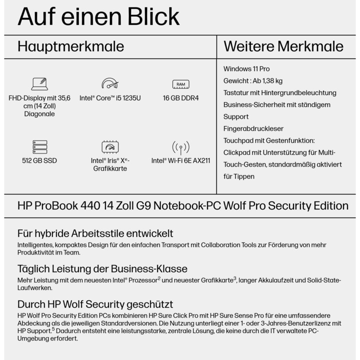 Actual product image HP ProBook 440 G9 (14", Intel Core i5-1235U, 16 GB, 512 GB, DE)