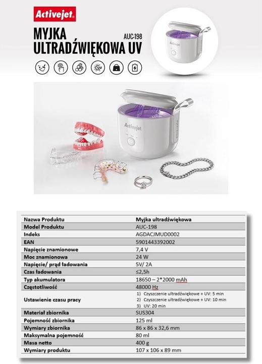 Produktbild Activejet Ultraschallreiniger UV Akku USB AUC-198 weiss (48 kHz, 0.13 l)