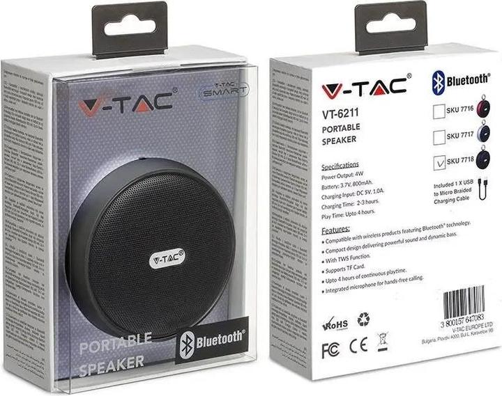 Produktbild V-TAC VT6211 Tragbar Bluetooth Lautsprecher Micro USB High End Kabel 800mah Batterie Schwarz (4 h)