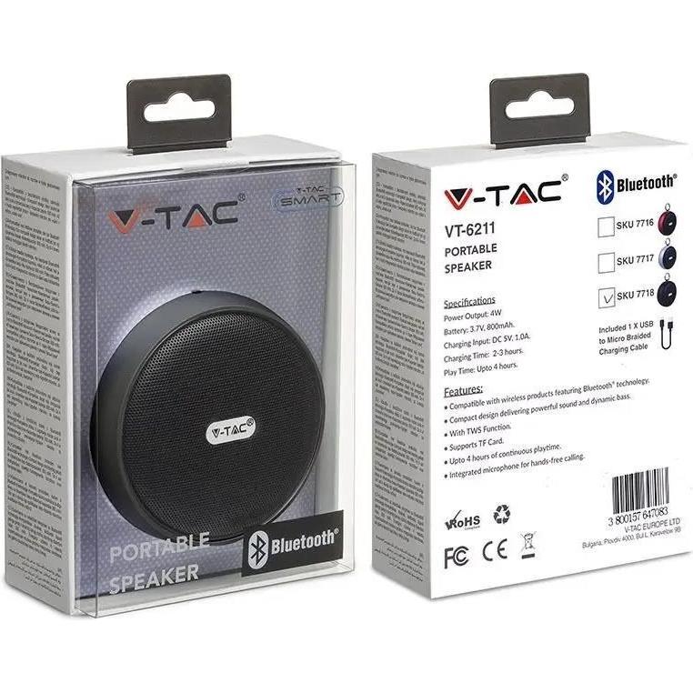Thumbnail - V-TAC VT6211 Tragbar Bluetooth Lautsprecher Micro USB High End Kabel 800mah Batterie Schwarz (4 h), Bluetooth Lautsprech...