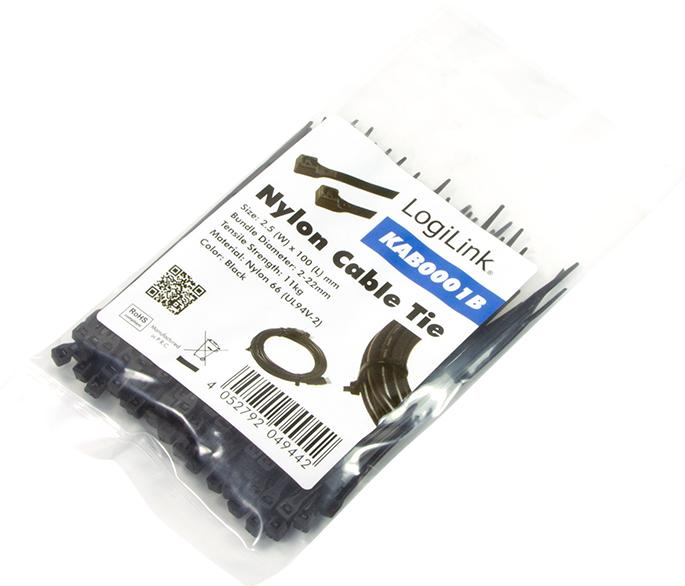 Actual product image LogiLink Cable tie 100 pieces, length: 100 mm, thickness: 2,5 mm, black (Plastic cable ties, 100 mm, 100 pcs.)