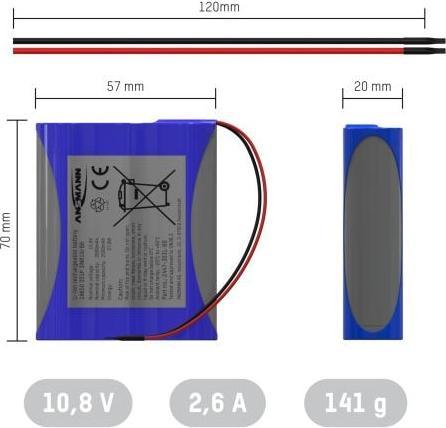 Productafbeelding Ansmann 3S1P Akkupack 3x 18650 Kabel Li-Ion 10.8 V 2600 mAh (1 Pcs., 18650, 2600 mAh)