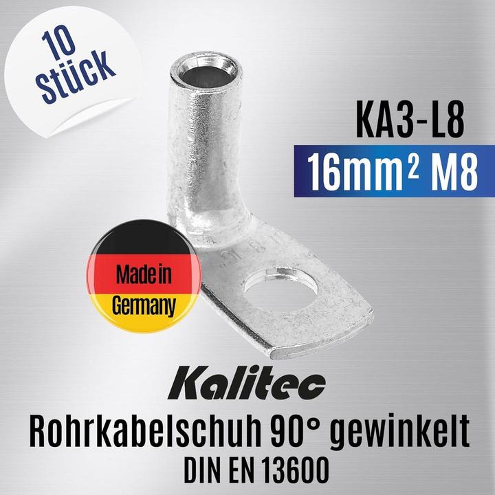 Produktbild Kalitec 10 Stück KA3-L8 Handelsübliche Rohrkabelschuhe gewinkelt 16mm² M8 I ohne Sichtloch I 90° I M