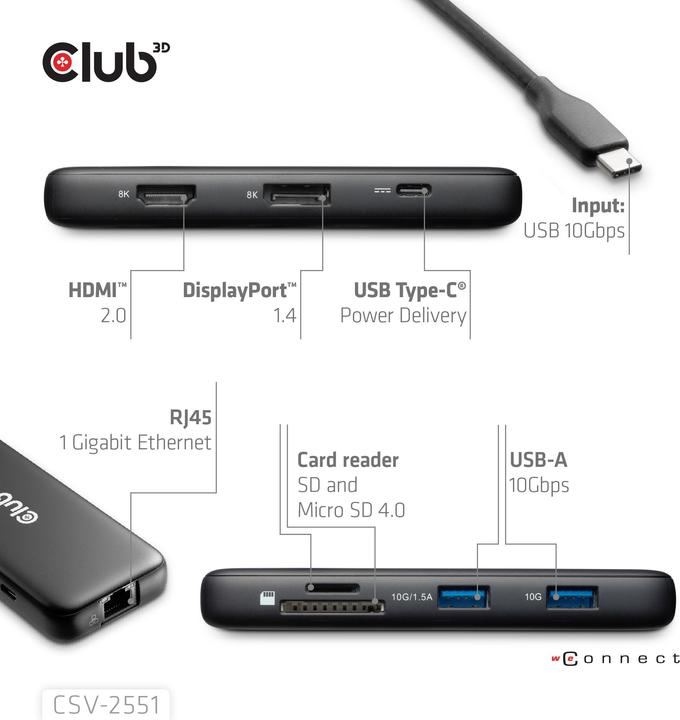 Produktbild Club 3D Club3D USB-C 8-in1-HUB > DP/HDMI/USB-C/RJ45 8K30Hz PD100W retail (USB-C, 8 Ports)