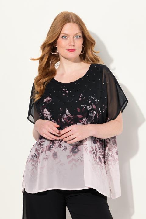 Image du produit Ulla Popken Blouse en mousseline doublée, col rond et manches courtes. Imprimé à fleurs. (54)