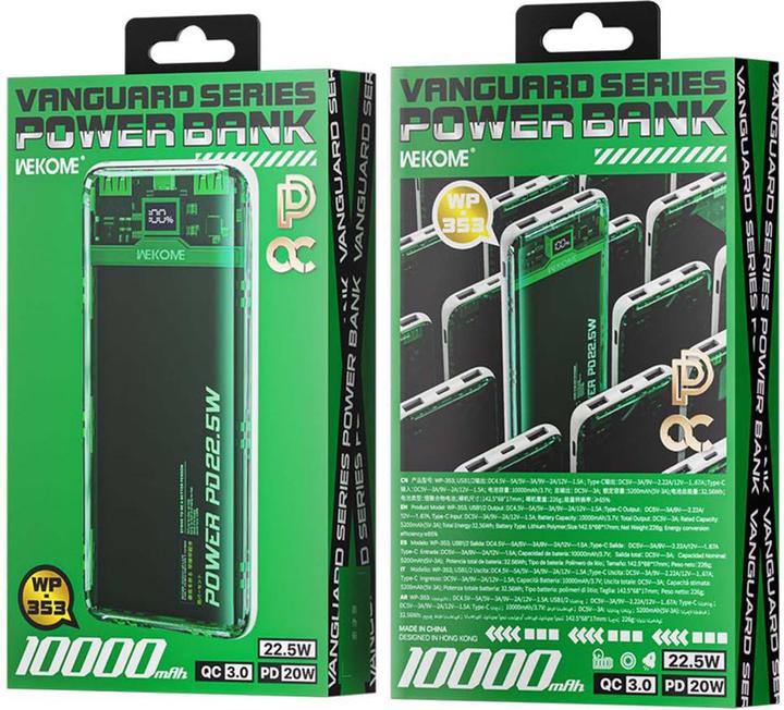 Produktbild Wekome WP-353 Vanguard-Serie – Powerbank 10000 mAh PD 20 W + QC 22,5 W (grün/transparent) (10000 mAh, 22.50 W, 37 Wh)
