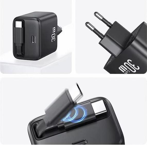 Image du produit Usams Ład. siec. 1xUSB-C ze zwijanym kablem USB-C Retractable PD+QC 30W Gan Fast Charging czarny/bla (30 W)