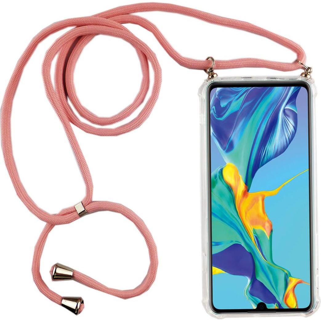 König Design Huawei P30 Handykette Hülle mit Band Case zum umhängen mit Kordel Tasche Rosa, Handykette, Transparent
