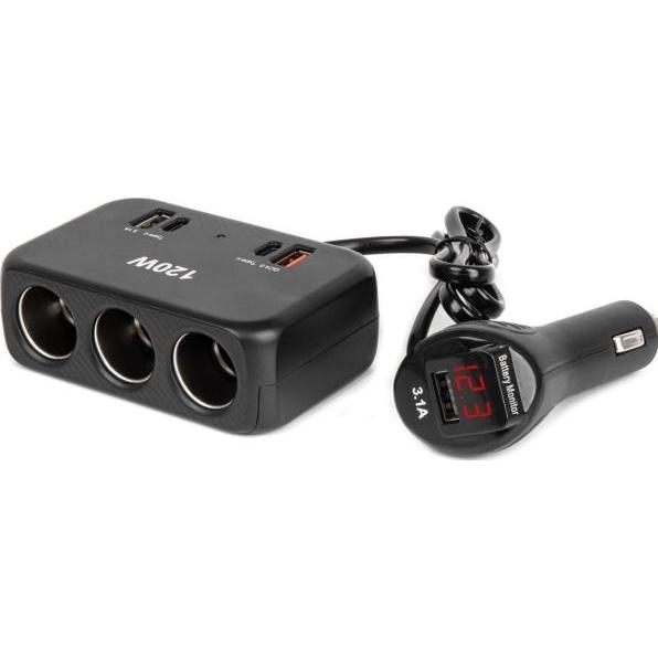 Amio Rozdzielacz gniazda zapalniczki z ładowarką 2x usb-a 1x usb-c qc4.0 12v 24v 120w 80cm amio-04366, Adattatore per auto, Nero